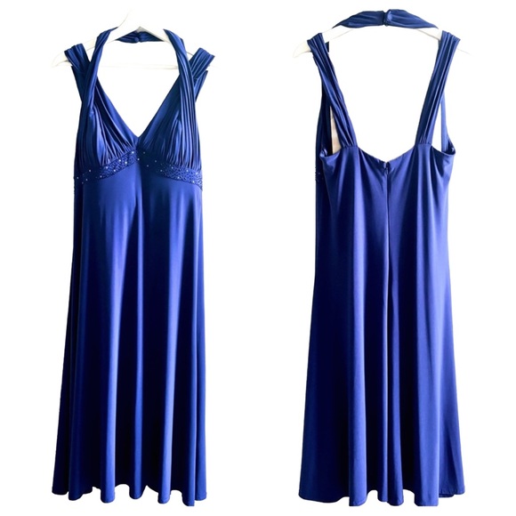 Cobalt Blue A-Line Halter Strap Midi Sequins Dress  16 - Picture 2 of 15